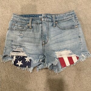 Denim Cutoff Shorts with American Flag Poxkets - Light Blue